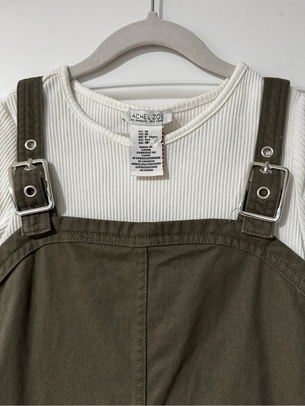 NWOT Rachel Zoe Olive Green Pinafore Dress with Buckle Straps & SS Top - Sz 10